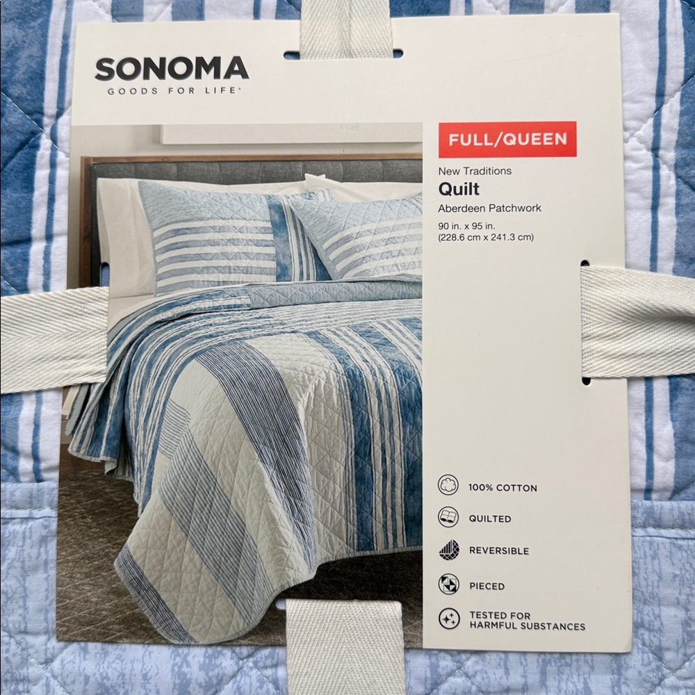 Sonoma Full / Queen 100% Cotton Reversible Aberdeen Patchwork Blue & White Quilt - Picture 2 of 6